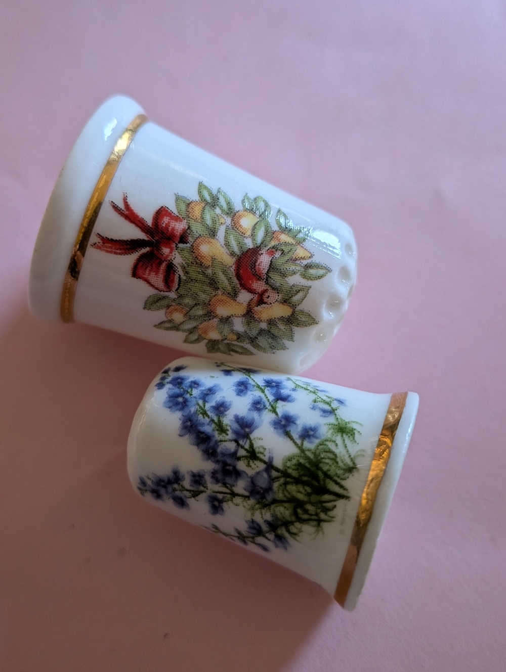 Vintage Fine Bone China Floral Thimbles with Gold Trim White Blue Green Red Set